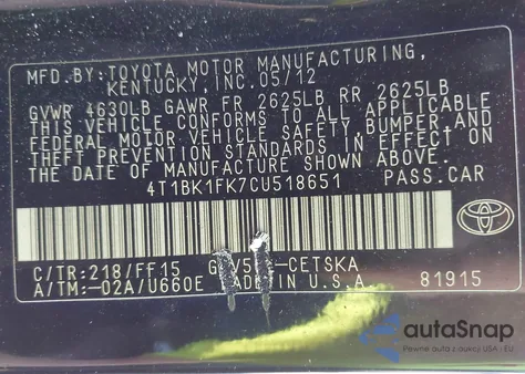 2012 Toyota Camry Se/Xle from USA, damaged, VIN 4T1BK1FK7CU518651
